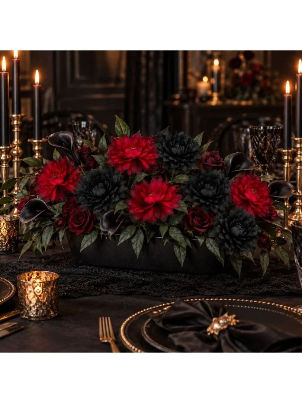 Black Red Artificial Mum Dahlia Style Bouquet, Gothic Wedding Bouquet, Alternati